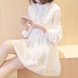 春装新款长袖蕾丝雪纺连衣裙子 韩版白色高腰修身气质中长款a字裙