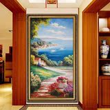 地中海风景油画纯手绘客厅过道走廊玄关装饰画有框竖幅花园景欧式