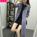 韩国代购2015秋装新款修身显瘦鹿皮绒风衣外套女中长款韩版呢大衣
