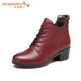 红蜻蜓真皮女鞋2015冬季新款正品中跟加绒圆头休闲短靴女靴子5070