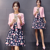 2016春季新品女装韩版时尚两件套印花裙子 秋款名媛套装连衣裙女
