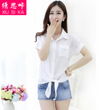 2016夏季韩版系带雪纺衬衫宽松大码短袖雪纺衫女白色衬衣女装上衣