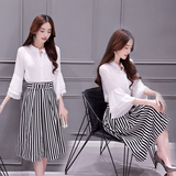 2016夏装新款雪纺衬衫上衣条纹长裙套装女韩版时尚修身三件套 潮