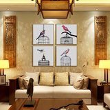 新中式 现代装饰画抽象画中式水墨酒店床头挂画现代简约鸟笼四拼