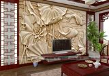 电视背景影视墙壁纸沙发无缝大型壁画中式3D立体浮雕仿木雕荷花鱼