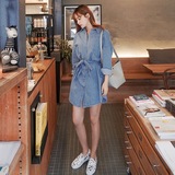 韩国女装2016春新款复古POLO领衬衫裙浅蓝色蝴蝶结系带牛仔连衣裙