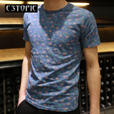 C3topic港仔风夏装新款韩版修身个性小碎花潮男修身短袖T恤