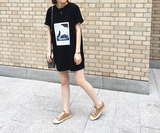 夏装韩国学院风复古图案印花休闲宽松中长款短袖圆领T恤女潮