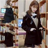 2016夏季新款韩版中长款学院风毛呢外套斗篷型带帽毛领呢子大衣女