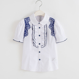 童装正品外贸原单女童 2015夏学院名族风 白色花边泡泡袖短袖衬衫