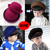 新款亲子毛呢帽韩版秋冬季男女儿童盆帽宝宝猫耳朵圆顶卷边礼帽子
