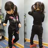 2016春款3岁女童套装4韩版休闲运动棉男孩黑色二件套5拉链衫裤子