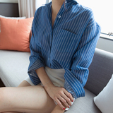 市舶司 韩国代购女装2016夏装新款竖条纹薄款亚麻长袖衬衫RE1055