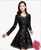 2016春款长袖镂空蕾丝连衣裙黑色圆领泡泡袖一步裙高端修身中年装