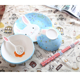 包邮 日式可爱手绘动物碗兔子米饭碗大面碗盘子勺子四件套送筷子