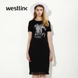 Westlink/西遇2016夏季新款 黑白印花短袖T恤裙直筒流苏女连衣裙