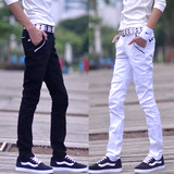夏季男士直筒休闲裤修身纯棉薄款小脚长裤子青少年学生白色哈伦裤