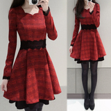 2016春装韩版新款大码女装气质长袖显瘦格子连衣裙打底裙子中长款