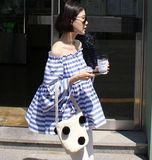 2016韩国东大门代购夏新宽松条纹性感一字肩喇叭袖娃娃装衬衫上衣