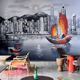 欧式复古油画城市建筑帆船壁纸 餐厅休闲吧咖啡厅墙纸大型壁画