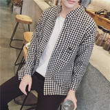 春季青少年格子衬衫男士长袖修身型韩版纯棉衬衣学生常规薄款外套