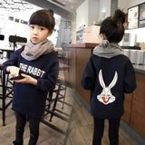 2015冬韩版女童卡通兔子加绒保暖套头卫衣长款宽松中长上衣字母小