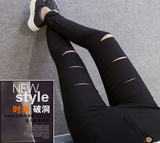 特价韩版女士外穿打底裤黑色高腰小脚破洞九分长裤薄款修身铅笔裤
