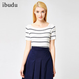 ibudu夏装新款OL修身条纹一字领短袖打底套头针织衫女E621011M20