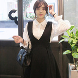 春季韩版女装 学生气质蕾丝镂空荷叶袖衬衫连衣裙两件套时尚套装