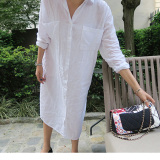 韩国代购2015秋装新款 大码宽松BF白色超长款衬衫 蝙蝠袖衬衫裙女