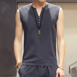 夏季韩版男士宽松砍袖背心潮修身型亚麻坎袖坎肩无袖T恤青年坎袖