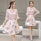 潮流女装2016夏季韩版修身花色雪纺裙百搭中长连衣裙时尚两件套装