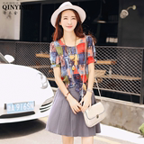 2016夏季新款女装韩版修身两件套短裙条纹短袖棉麻连衣裙女套装潮