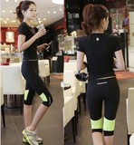 韩国代购拼色高弹力紧身短袖瑜伽服女跑步跳操训练健身房运动套装