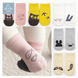 宝宝袜子春夏棉 婴儿袜不对称防滑地板袜小猫卡通可爱韩国非代购