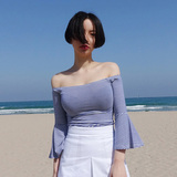 韩国代购2016夏季新款海军风一字领露肩喇叭袖条纹纯棉上衣T恤女