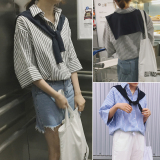 2016夏装韩版个性领口绑带披肩宽松百搭竖条纹棉麻五分袖衬衫女潮