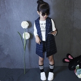 韩国新款童装男女童秋季时尚中长款棉麻格子休闲马甲外套儿童潮
