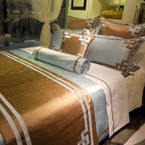 浅蓝金黄祥云仿丝套件 中式传统床上用品 样板房间别墅床品定制