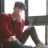 HOLIGAN韩国代购韩版男装秋款V领开衫修身贴身个性男士针织衫直邮