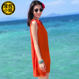 欧洲站橘色连衣裙橙色夏度假沙滩裙波西米亚蕾丝短裙泰国裙背心裙