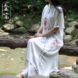 民族风女装手绘白色连衣裙双层夏中国风复古立领长裙飘逸棉文艺仙