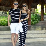 蜜月海边度假韩国正品 情侣装波西米亚条纹长裙显瘦沙滩装男T夏装