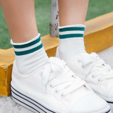 日系卷边条纹二条杠袜子原宿短袜韩国潮纯棉白色学生运动滑板女袜