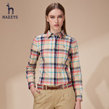 Hazzys商场同款2016春装新款女装纯棉格子衬衫 女长袖修身衬衣