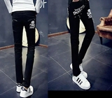 韩版男士牛仔裤 青少年个性非主流印花修身休闲弹力显瘦小脚长裤