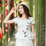 2016夏装新款中国风文艺范修身短袖衬衫民族风印花棉麻衬衣女上衣