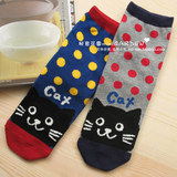 2015款外贸出口日本原单全棉波点CAT猫咪喵星人可爱中帮秋冬袜子