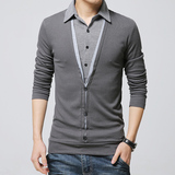 假两件衬衫领男士毛衣套头毛线衣男装韩版V领薄款春季针织衫E6237