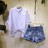 韩国东大门代购夏季新款 条纹打底衫衬衣修身牛仔短裤两件套装女